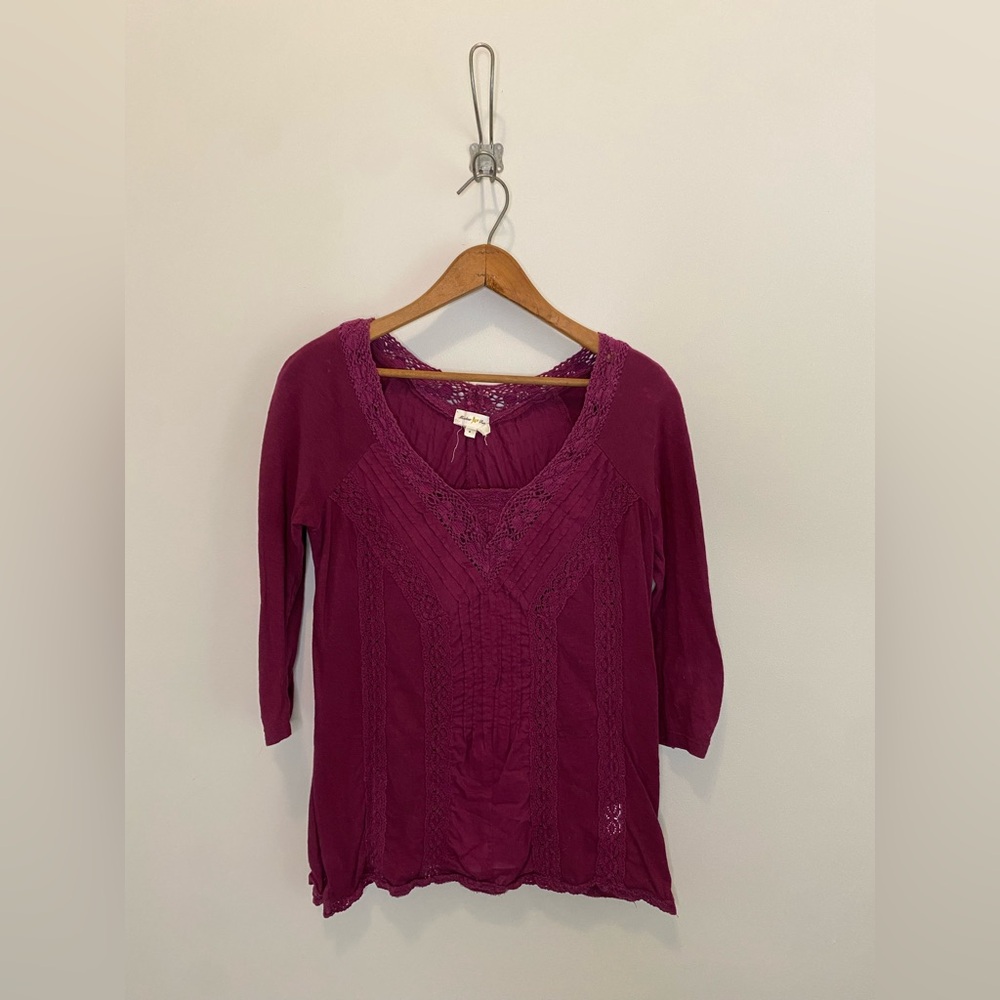 Meadow Rue Lace-Trim Scoop Neck Shirt in Deep Berry